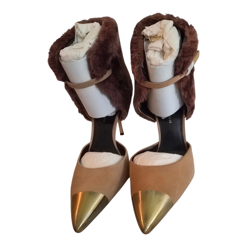 JUNE by June Ambrose Taupe Suede Heels w/ Faux Fur Ankle Cuff – Size 9W